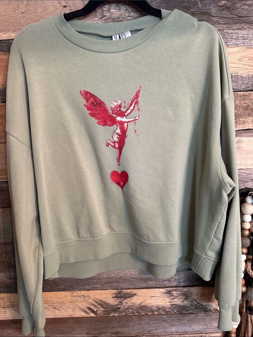 Olive Green Crewneck Sweatshirt with Red Cupid Graphic